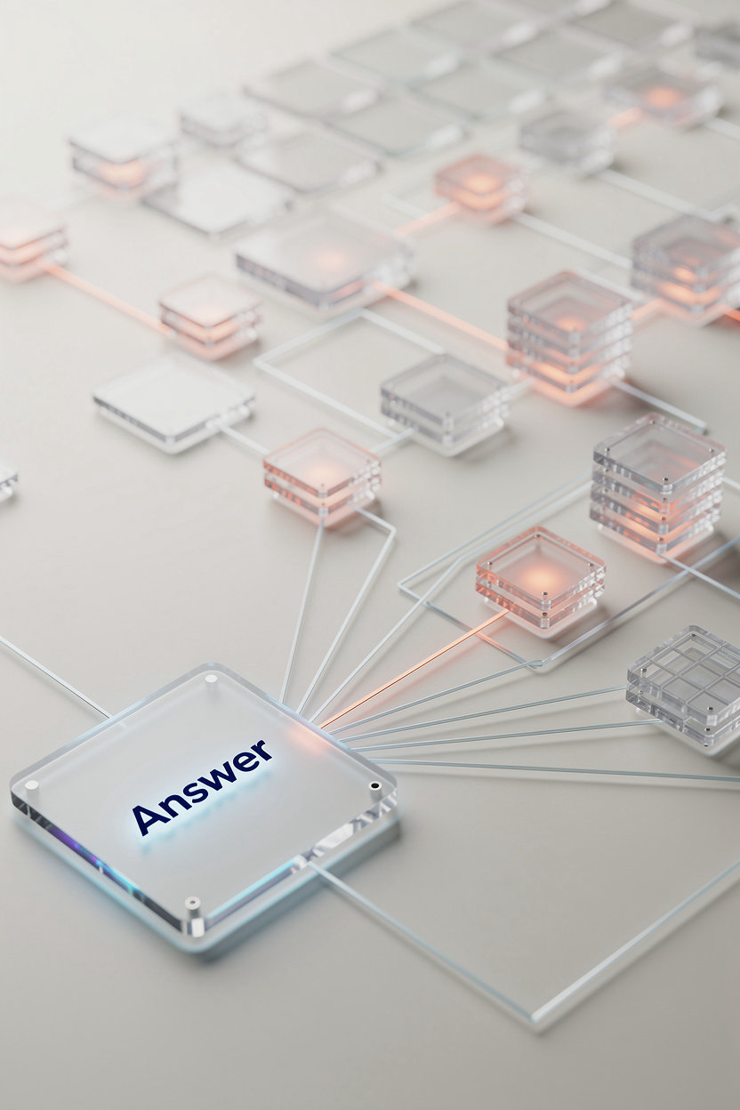 AI Visibility Pros conceptual visualization of AI model data processing and knowledge graph structure for answer generation
